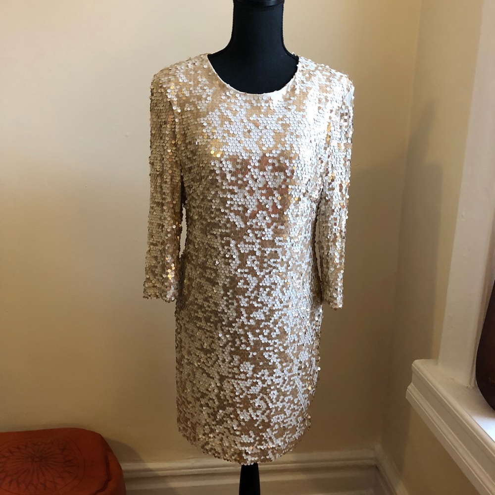 FRENCH CONNECTION cream and gold sequin dress